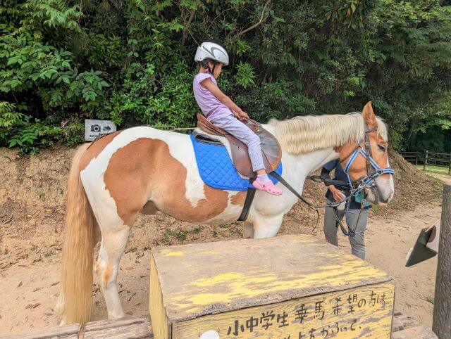 福岡県北九州市にある「響灘グリーンパーク」での乗馬体験の様子。馬のしんのすけくんが女の子を乗せて出発しようとしているところ